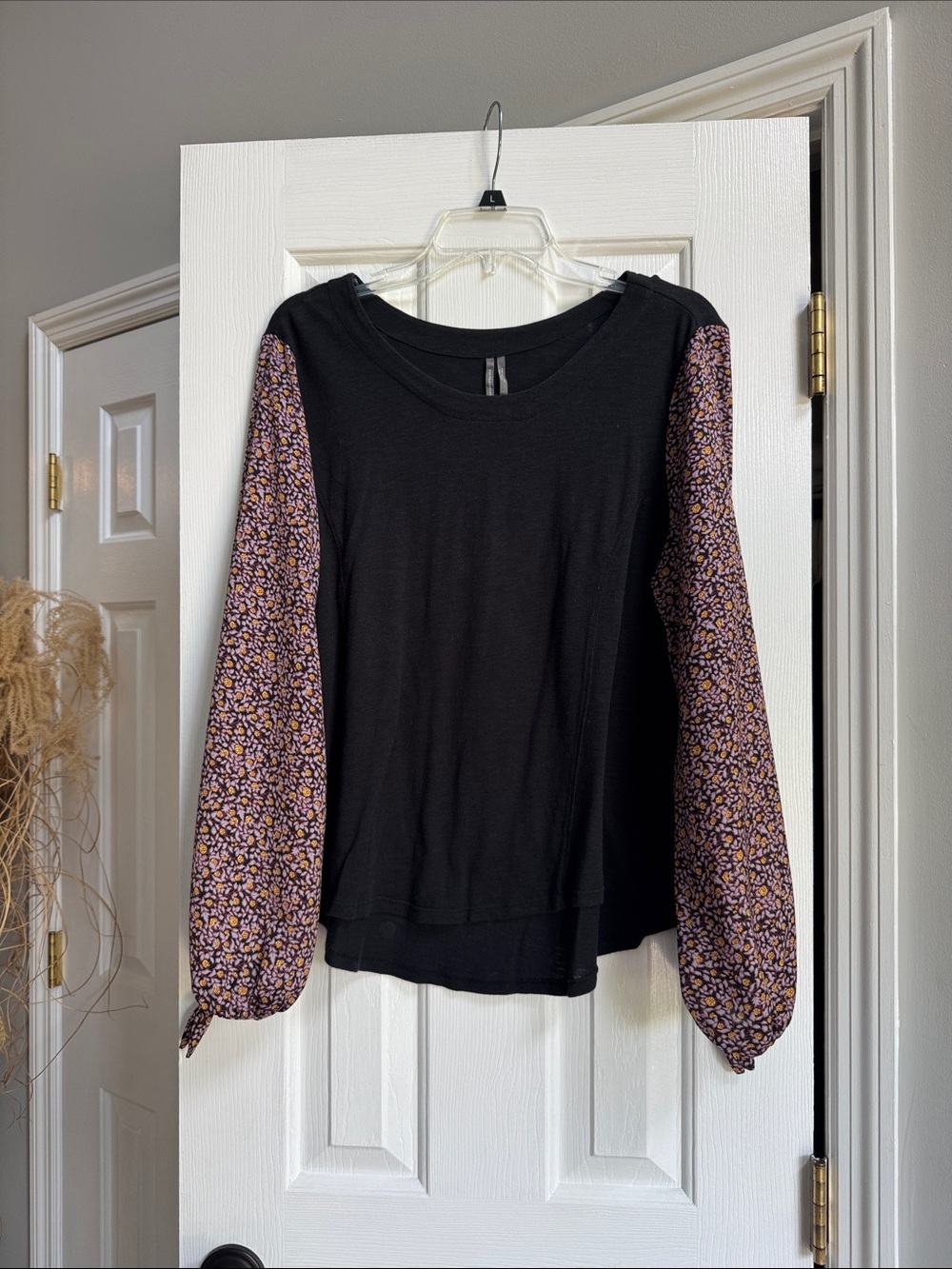 Anthropologie Black Top with Purple Floral Balloon Sleeves
